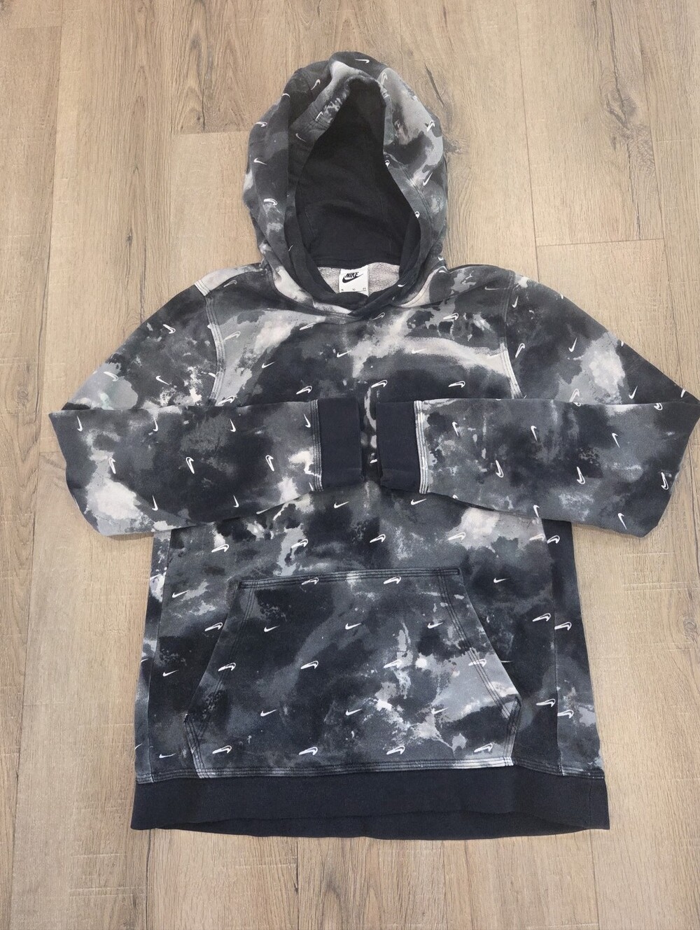 Nike Hoodie Kids Extra Large XL Black Marble All Over Nike Swoosh Unisex Kangaro